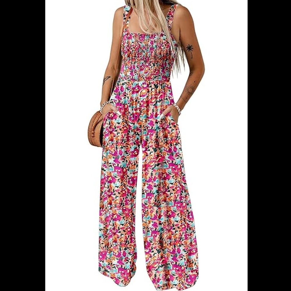 Dokotoo Abstract Floral Smocked Wide Leg Jumpsuit Vacation